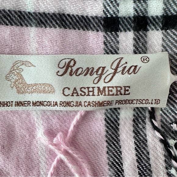 Rong Jia MONGOLIAN CASHMERE Plaid Scarf Pink Black Tartan Shawl Wrap Fringe - Picture 3 of 6